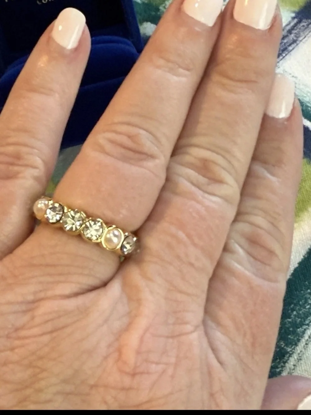 NEW KURT GEIGER LONDON Faux Pearl Crystal Goldtone Band Ring, Size 7 or 8